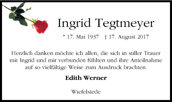 Traueranzeige von Ingrid Tegtmeyer von Nordwest-Zeitung