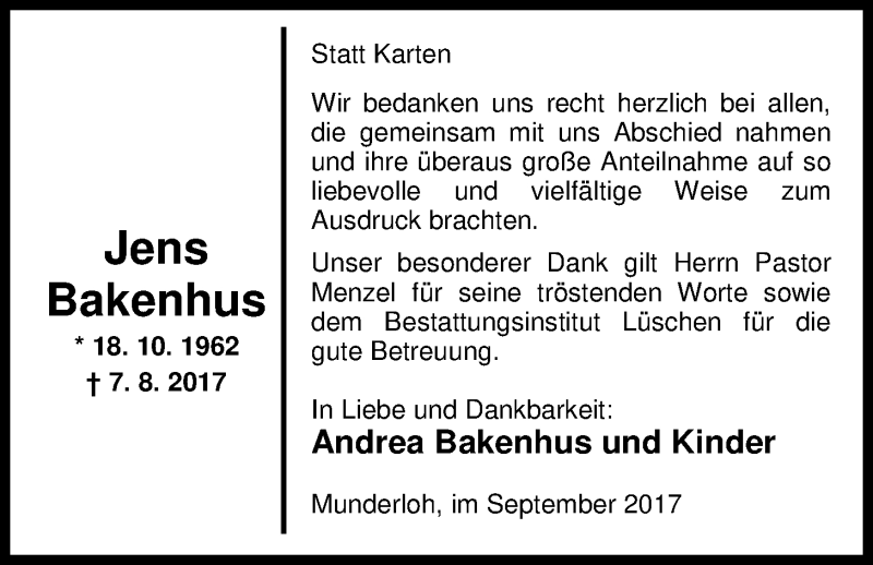  Traueranzeige für Jens Bakenhus vom 16.09.2017 aus Nordwest-Zeitung