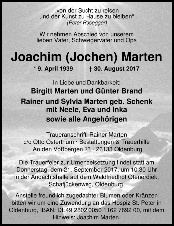Traueranzeige von Joachim Marten von Nordwest-Zeitung