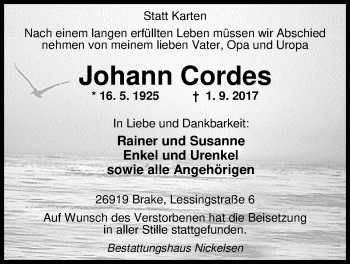 Traueranzeige von Johann Cordes von Nordwest-Zeitung