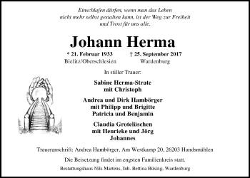 Traueranzeige von Johann Herma von Nordwest-Zeitung
