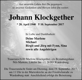 Traueranzeige von Johann Klockgether von Nordwest-Zeitung