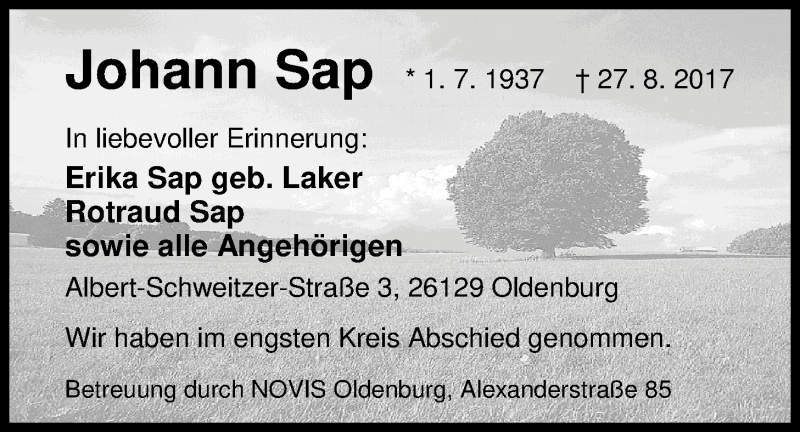  Traueranzeige für Johann Sap vom 06.09.2017 aus Nordwest-Zeitung