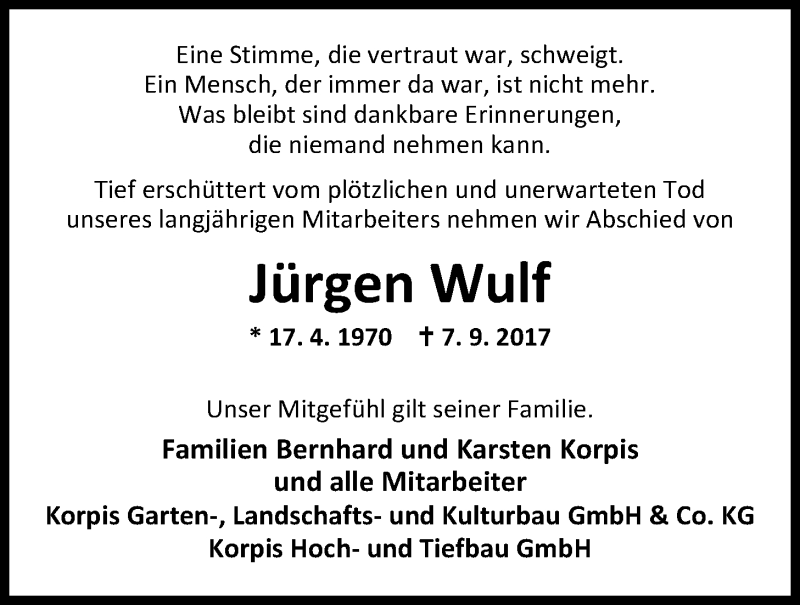  Traueranzeige für Jürgen Wulf vom 12.09.2017 aus Nordwest-Zeitung
