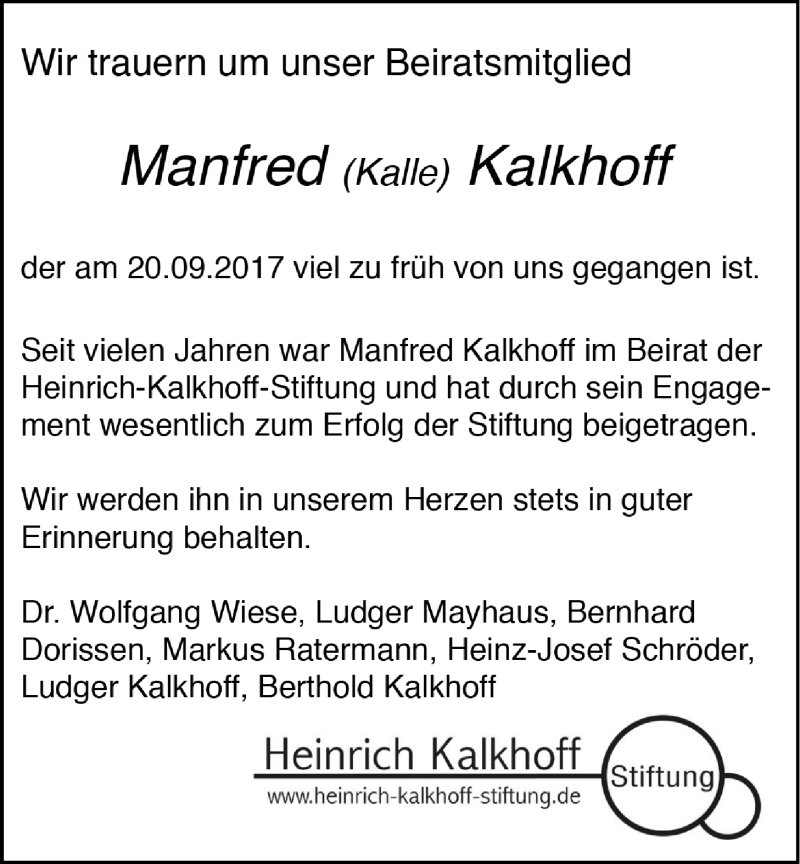  Traueranzeige für Kalle (Manfred) Kalkhoff vom 26.09.2017 aus Nordwest-Zeitung