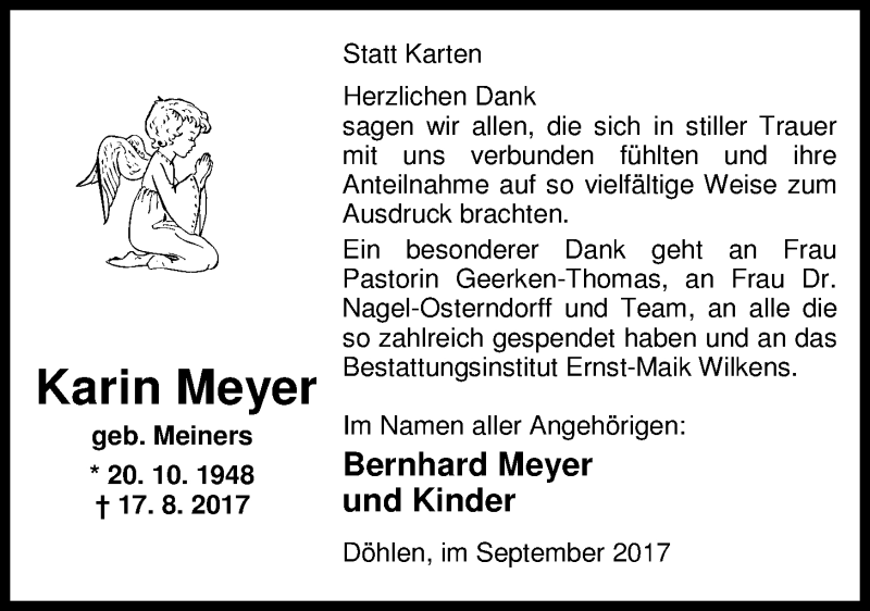  Traueranzeige für Karin Meyer vom 21.09.2017 aus Nordwest-Zeitung