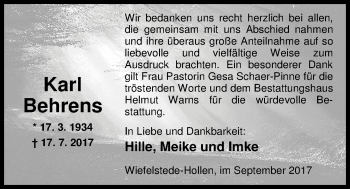 Traueranzeige von Karl Behrens von Nordwest-Zeitung