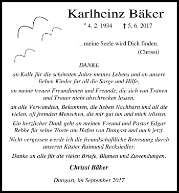 Traueranzeige von Karlheinz Bäker von Nordwest-Zeitung