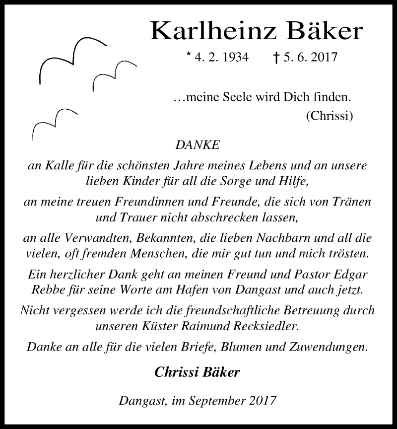  Traueranzeige für Karlheinz Bäker vom 11.09.2017 aus Nordwest-Zeitung