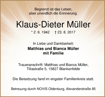 Traueranzeige von Klaus-Dieter Müller von Nordwest-Zeitung