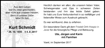 Traueranzeige von Kurt Schmidt von Nordwest-Zeitung