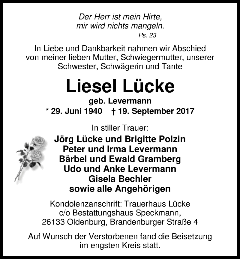  Traueranzeige für Liesel Lücke vom 30.09.2017 aus Nordwest-Zeitung