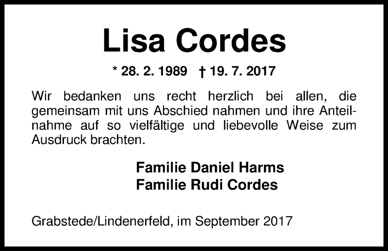  Traueranzeige für Lisa Cordes vom 08.09.2017 aus Nordwest-Zeitung