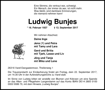 Traueranzeige von Ludwig Bunjes von Nordwest-Zeitung