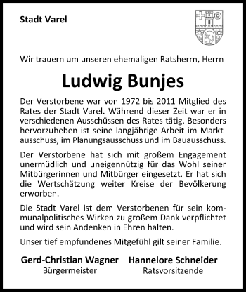 Traueranzeige von Ludwig Bunjes von Nordwest-Zeitung