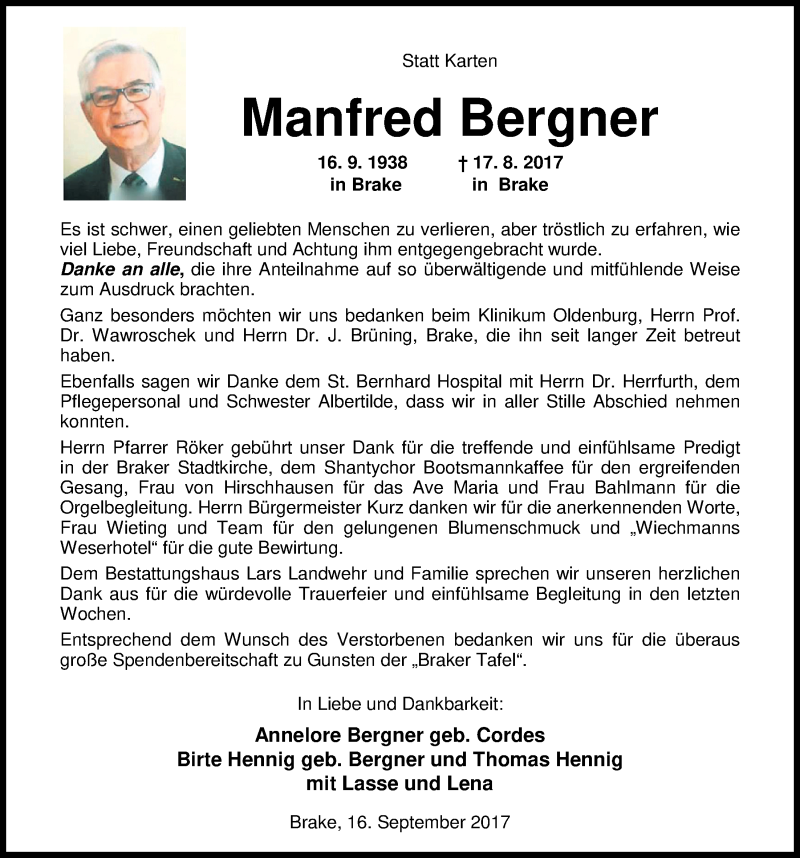  Traueranzeige für Manfred Bergner vom 16.09.2017 aus Nordwest-Zeitung