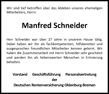 Traueranzeige von Manfred Schneider von Nordwest-Zeitung