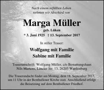 Traueranzeige von Marga Müller von Nordwest-Zeitung