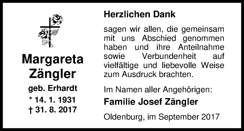  Traueranzeige für Margareta Zängler vom 16.09.2017 aus Nordwest-Zeitung