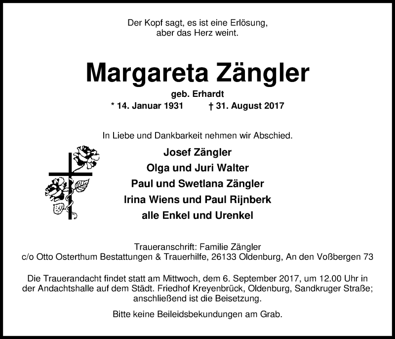  Traueranzeige für Margareta Zängler vom 02.09.2017 aus Nordwest-Zeitung