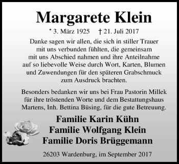 Traueranzeige von Margarete Klein von Nordwest-Zeitung