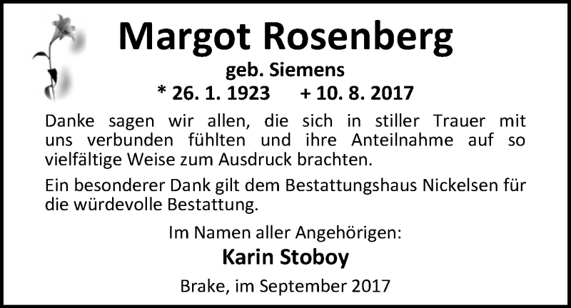  Traueranzeige für Margot Rosenberg vom 02.09.2017 aus Nordwest-Zeitung