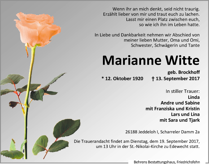  Traueranzeige für Marianne  Witte vom 16.09.2017 aus Nordwest-Zeitung