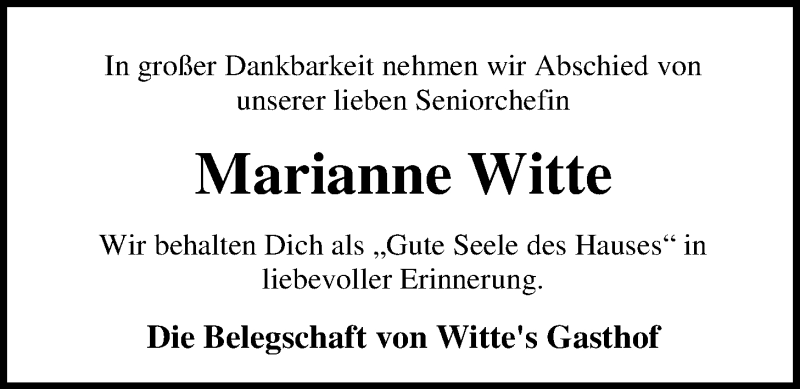  Traueranzeige für Marianne  Witte vom 16.09.2017 aus Nordwest-Zeitung