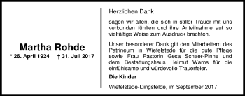 Traueranzeige von Martha Rohde von Nordwest-Zeitung