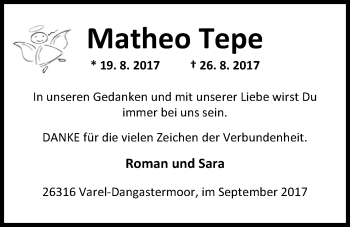 Traueranzeige von Matheo Tepe von Nordwest-Zeitung