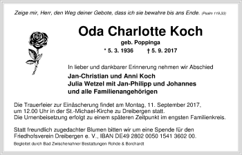 Traueranzeige von Oda Koch von Nordwest-Zeitung