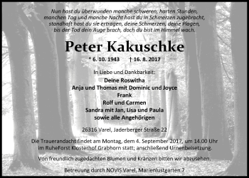 Traueranzeige von Peter Kakuschke von Nordwest-Zeitung