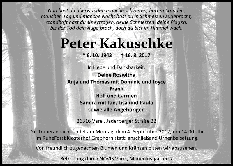  Traueranzeige für Peter Kakuschke vom 02.09.2017 aus Nordwest-Zeitung