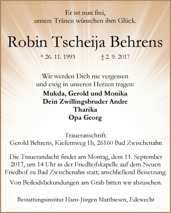 Traueranzeige von Robin Tscheija Behrens von Nordwest-Zeitung
