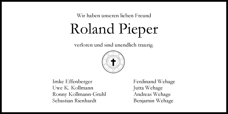 Traueranzeige für Roland Pieper vom 13.09.2017 aus Nordwest-Zeitung