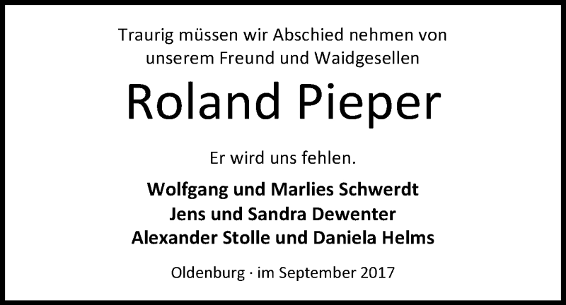  Traueranzeige für Roland Pieper vom 13.09.2017 aus Nordwest-Zeitung