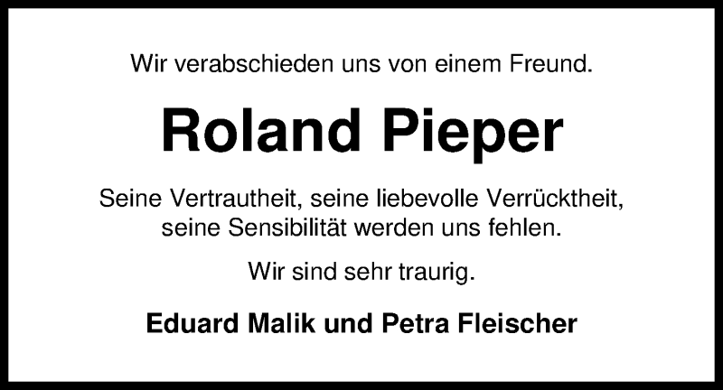  Traueranzeige für Roland Pieper vom 16.09.2017 aus Nordwest-Zeitung
