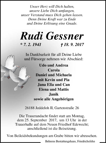 Traueranzeige von Rudi Gessner von Nordwest-Zeitung