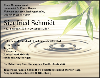 Traueranzeige von Siegfried Schmidt von Nordwest-Zeitung