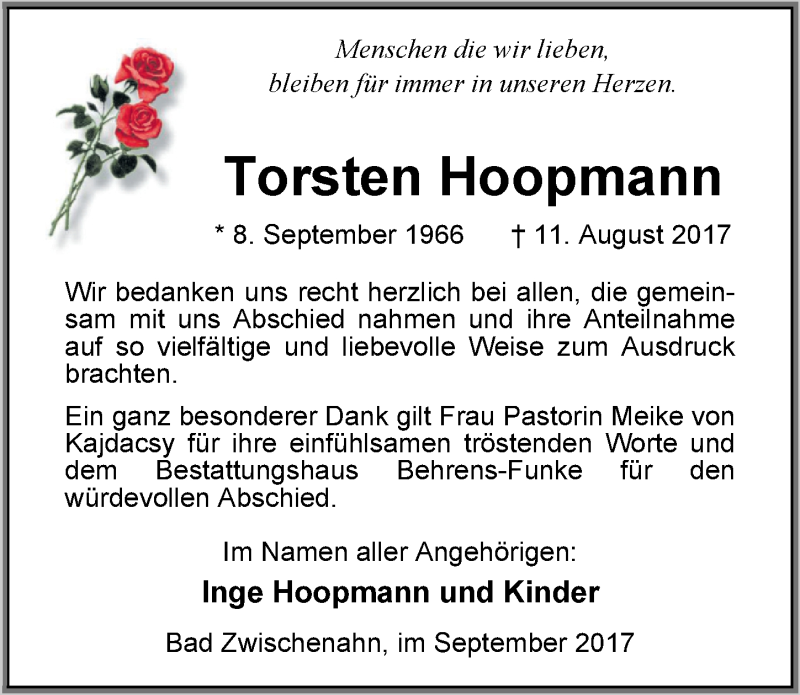  Traueranzeige für Torsten Hoopmann vom 16.09.2017 aus Nordwest-Zeitung
