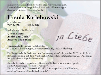 Traueranzeige von Ursula Karlebowski von Nordwest-Zeitung