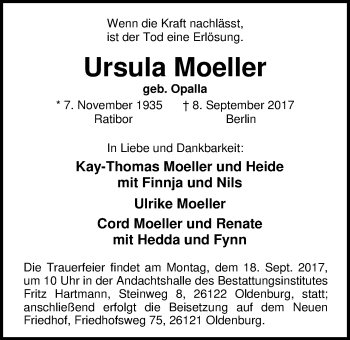 Traueranzeige von Ursula Moeller von Nordwest-Zeitung