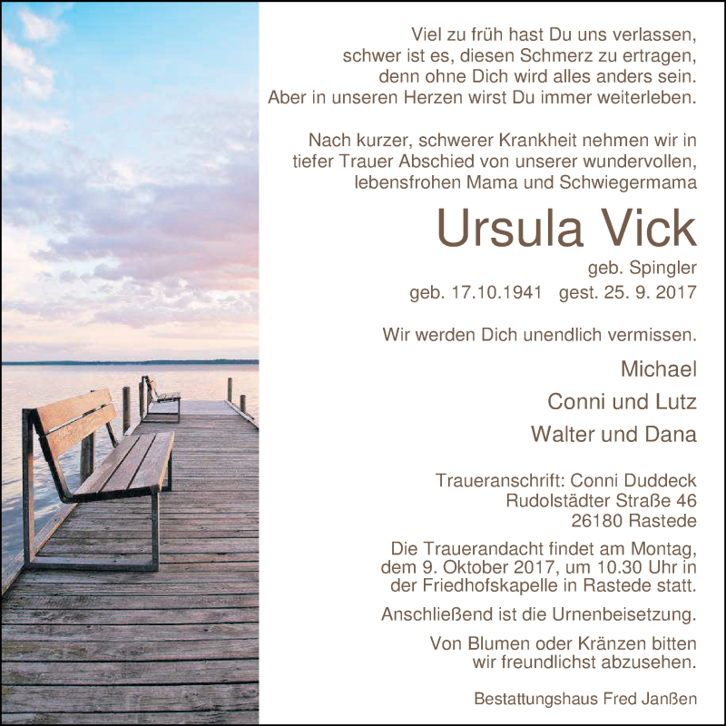  Traueranzeige für Ursula Vick vom 29.09.2017 aus Nordwest-Zeitung