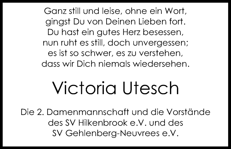  Traueranzeige für Victoria Utesch vom 09.09.2017 aus Nordwest-Zeitung