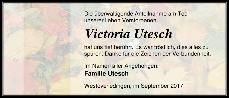  Traueranzeige für Victoria Utesch vom 30.09.2017 aus Nordwest-Zeitung