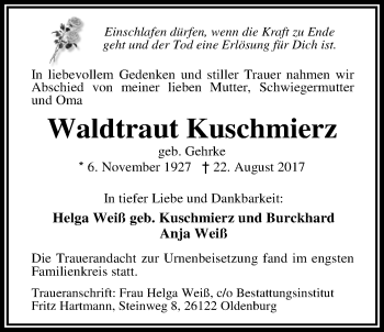 Traueranzeige von Waldtraut Kuschmierz von Nordwest-Zeitung
