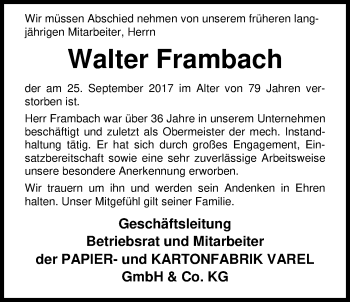 Traueranzeige von Walter Frambach von Nordwest-Zeitung