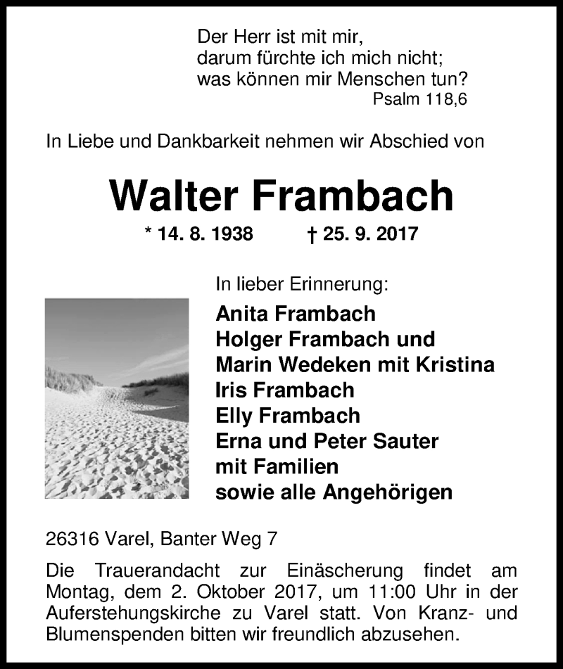  Traueranzeige für Walter Frambach vom 28.09.2017 aus Nordwest-Zeitung