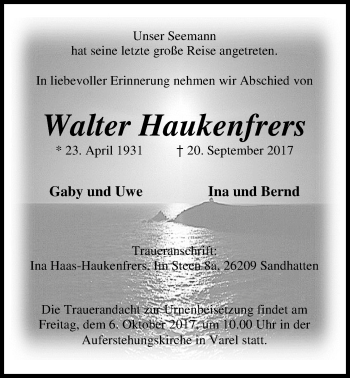Traueranzeige von Walter Haukenfrers von Nordwest-Zeitung