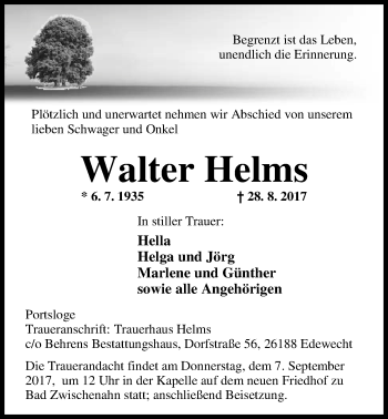Traueranzeige von Walter Helms von Nordwest-Zeitung